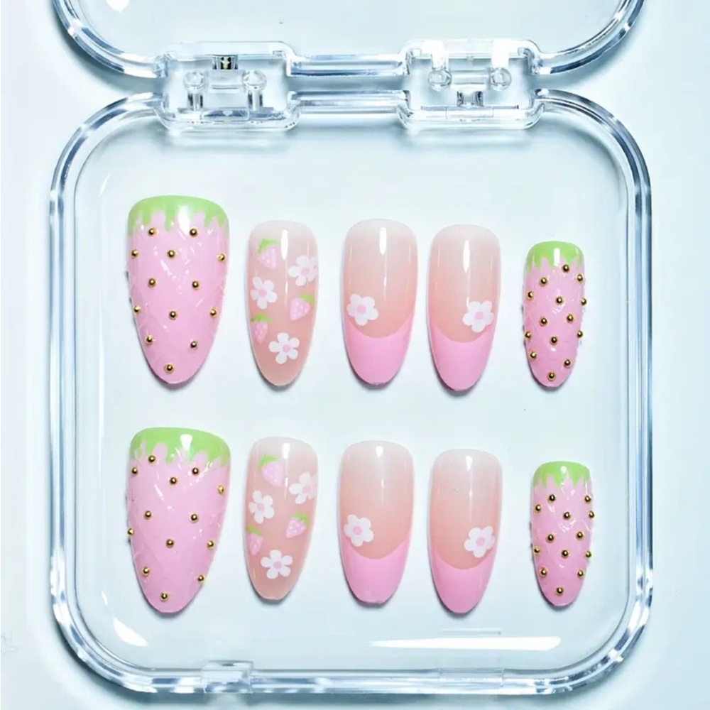 New Pink & Green Strawberry 3D Press On Nails 10 pc Medium Reusable French Tip - Picture 3 of 8